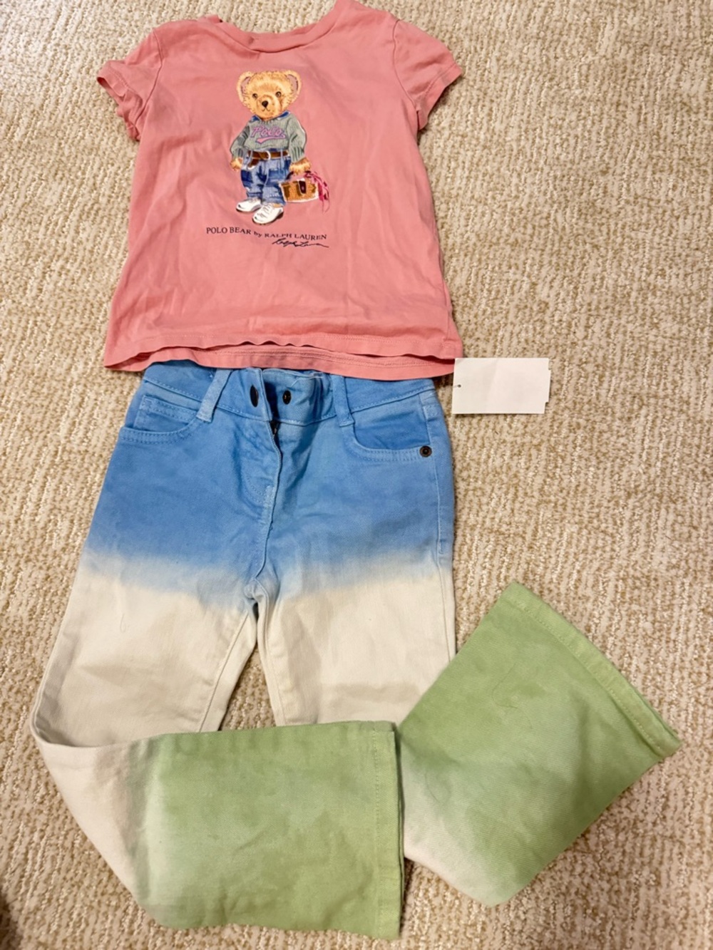 Polo Bear Pink Tee with MiniBoden Blue‑to‑Green Ombre Jeans